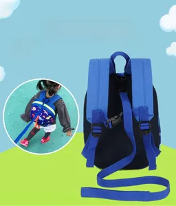 Blue dinosaur kids backpack featuring anti-lost leash and breathable mesh back panel