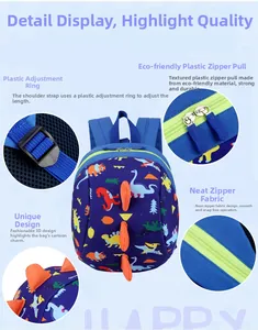 Detail view of dinosaur pattern backpack with adjustable straps and eco-friendly zippers