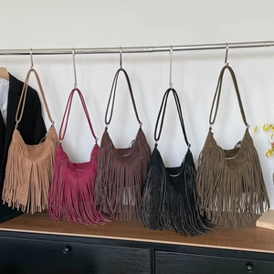 Women Tassel Shoulder Bag Suede Cloth Bohemian Long Fringe Large Capacity Hobo Crossbody Bag Vintage Daily