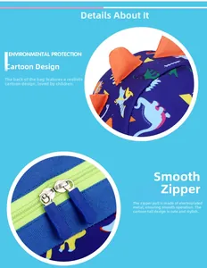 Detail of dinosaur print backpack with 3D horns and smooth dual rubber zippers