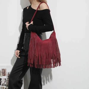 Retro wine red tassel tote bag with long fringes, minimalist large capacity shoulder bag