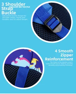Detail view of adjustable shoulder strap buckle and reinforced stitching on a purple kids backpack