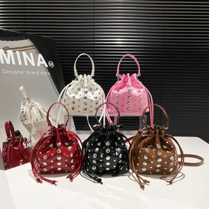 Punk Style Rivet Bucket Bag PU Leather Women Drawstring Handbag Shoulder Crossbody Bag Korean Fashion Cool Commute