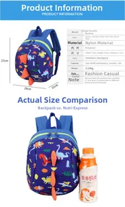 Detailed dimensions of navy blue dinosaur toddler backpack in 19cm x 27cm x 11cm nylon