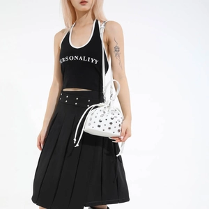 Chic white bucket bag with silver rivets and drawstring closure for punk street style