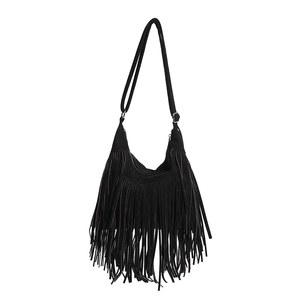Black bohemian fringe tote bag with long tassels and adjustable strap on white background