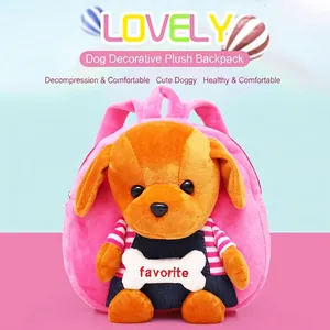 Pink plush children backpack with cute 3D orange dog doll and stripe shirt decor