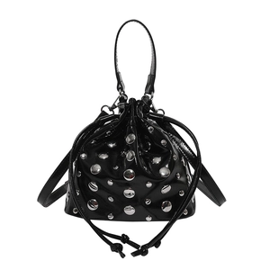 Black patent leather drawstring bucket bag with silver metal studs and dual straps