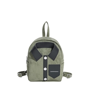 Minimalist olive green backpack with unique creative shirt collar design and metal buttons