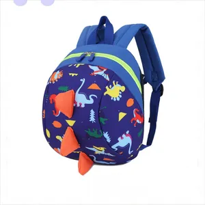 Detailed side view of a blue kids backpack featuring colorful 3D dinosaur fins and patterns