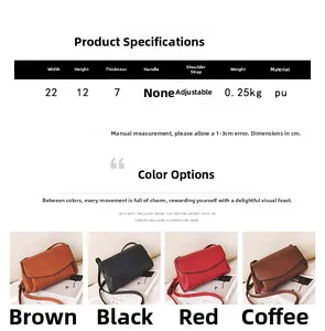Detailed view of women's retro PU leather shoulder bags in four colors with size specs