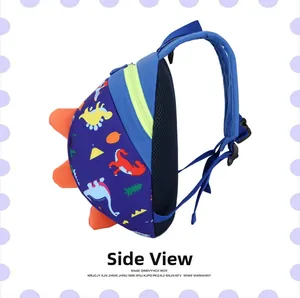 Side view of dark blue children backpack with orange spikes and cartoon dinosaur print