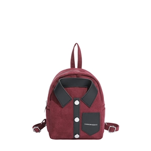 Minimalist burgundy suede backpack with creative shirt-collar design and silver buttons