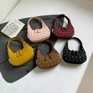 Women Studded Half Moon Hobo Bag PU Leather Rivet Punk Style Solid Color Crescent Shoulder Handbag Lightweight