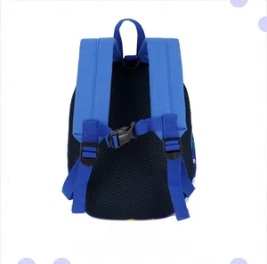Blue kids backpack rear view with breathable honeycomb mesh and adjustable chest strap