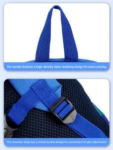 Detail of blue nylon backpack with reinforced handle and adjustable mesh shoulder straps
