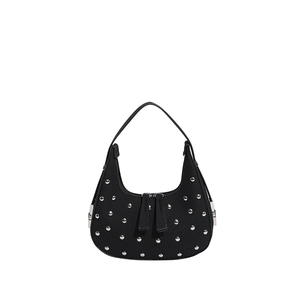 Punk style black crescent rivet handbag with silver studs and double zipper closure