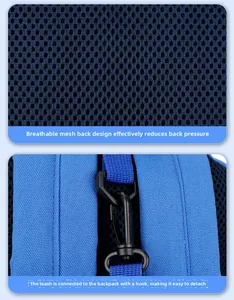 Detail of breathable mesh back padding and durable plastic swivel hook on blue backpack