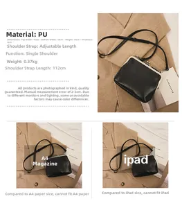 Detailed size chart for black vintage PU leather crossbody bag with metal ball buckle