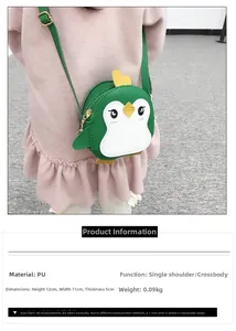 Detailed dimensions of the green penguin cartoon crossbody bag for kids with PU strap