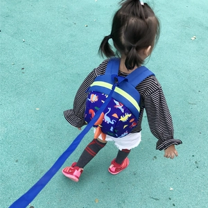Kids navy dinosaur backpack with safety leash and reflective strip for toddlers