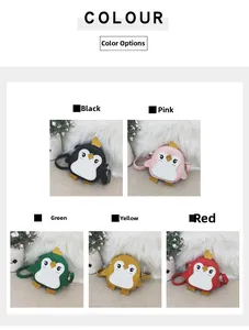 Detailed color selection of penguin-shaped crossbody bags in black, pink, green, and yellow