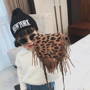 Kids leopard print shoulder bag with long fringe and vintage gold metal buckle detail