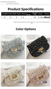 Size chart for children wool crossbody bags showing dimensions and four available colors