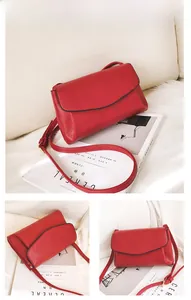 Three views of a red leather flap crossbody bag on a sofa with minimalist lifestyle decor