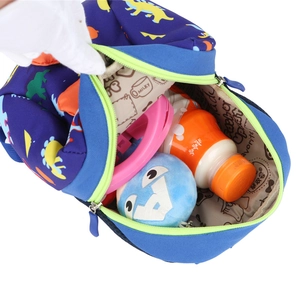 Blue dinosaur print kids backpack with wide opening and spacious inner compartment