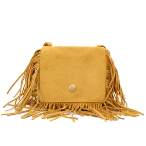Bohemian style yellow suede kids tassel crossbody bag with golden metal buckle clasp