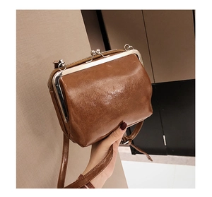 Close-up of brown vintage clasp crossbody bag with leather texture and metal frame
