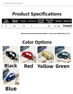 Detailed size chart and color options for kids corduroy car shaped waist bag