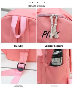 Détails du sac à dos rose avec poignée, double fermeture éclair, bretelles et poche latérale