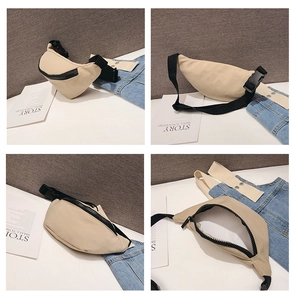 Detailed views of beige canvas kids waist bag with adjustable strap and internal storage