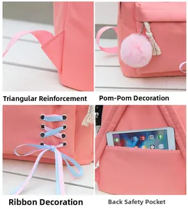 Détails sac à dos rose: sangles renforcées, pompon en peluche et poche antivol cachée