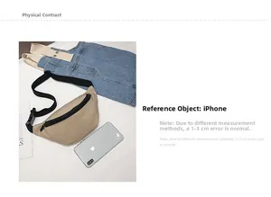 Kids khaki canvas fanny pack size comparison with a smartphone for scale reference