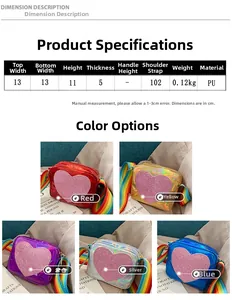 Detailed size guide for laser PU leather heart bags with colorful rainbow straps