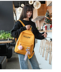 Détail sac à dos jaune avec texte YELLOW noir et porte-clé pompon rose mignon