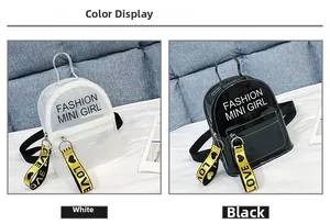Détail de mini sacs à dos en PVC transparent et cuir verni noir avec sangles tendance