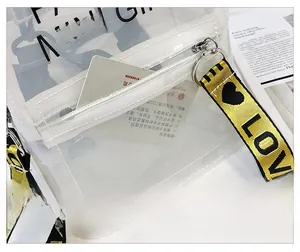 Vue détaillée d'un mini sac en PVC transparent avec sangle love et poche avant zippée