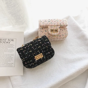 Kids Girl Mini Crossbody Bag Tweed Fabric Plaid Pattern Gold Metal Chain Strap Turn Lock Flap Princess Style