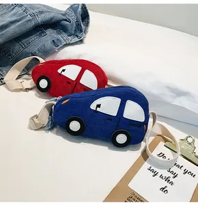 Detail of red and blue corduroy car-shaped kids crossbody bags with brand embroidery