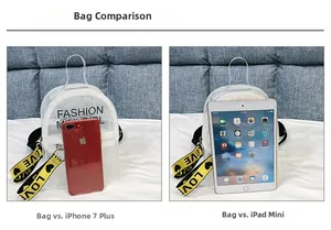 Comparaison de taille du mini sac à dos transparent avec iPad mini et mobile
