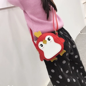 Cute red penguin crossbody bag for kids, featuring cartoon animal design and leather strap