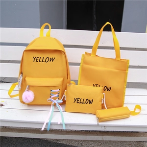 Sac À Dos En Toile Pour Filles Sac Fourre-Tout Sac Bandoulière Et Trousse Style Coréen Cartable Étudiant Imprimé Lettre Pompon Ruban
