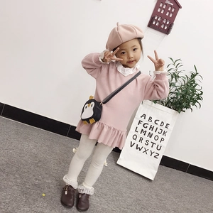Cute pink knitted dress for girls with lace collar and black penguin shoulder bag
