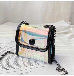 Détail du mini sac en PVC irisé laser avec bordure noire et bandoulière chaîne