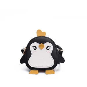 Cute cartoon penguin crossbody bag for kids with yellow heart crest and gold metal buckles