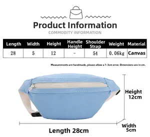 Detailed size chart and dimensions of the light blue canvas waist bag for girls